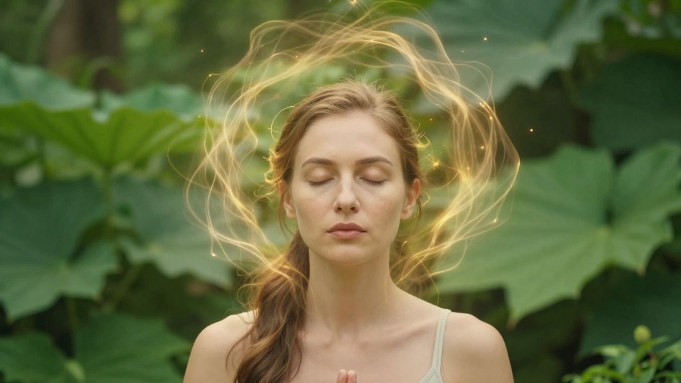 Person meditating in golden light with swirling energy.