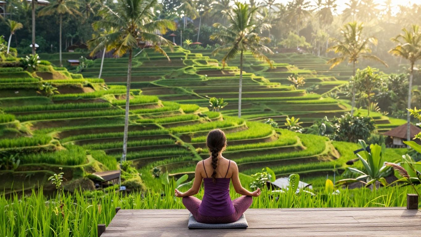 Woman meditating in lush Balinese rice terraces.