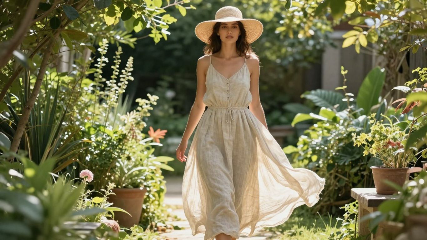 Woman in linen dress and hat in a garden.