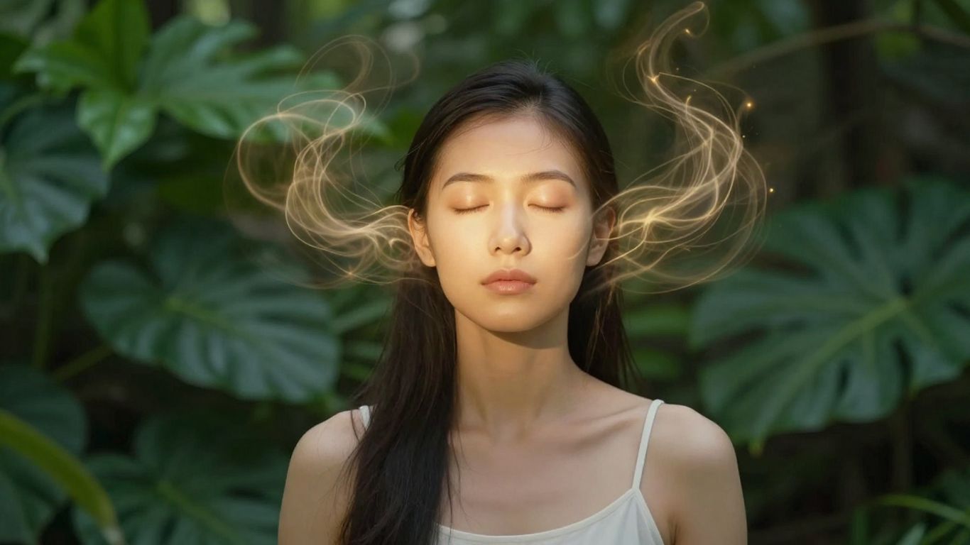 Person meditating in golden light with swirling energy.