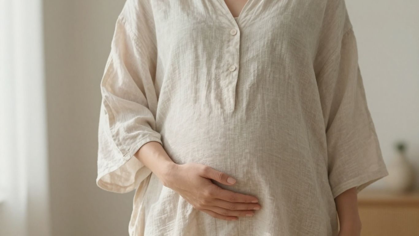 Pregnant woman in a comfortable linen kaftan.