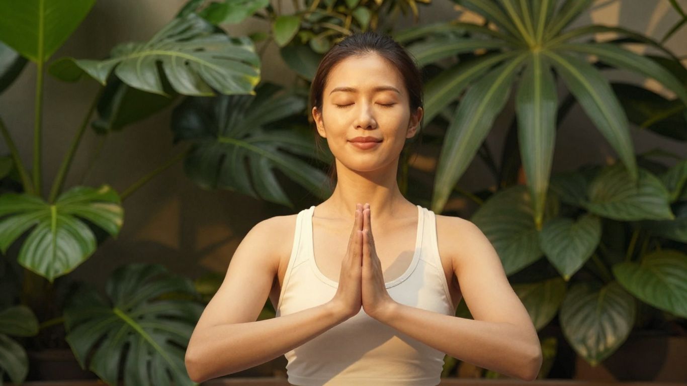 Woman in peaceful Kundalini yoga pose with eyes closed.