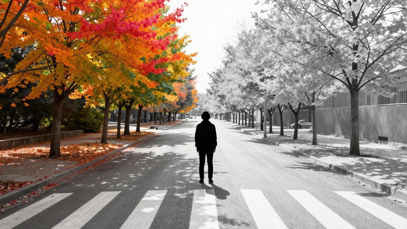Person at a crossroads, split between colorful and monochrome paths.