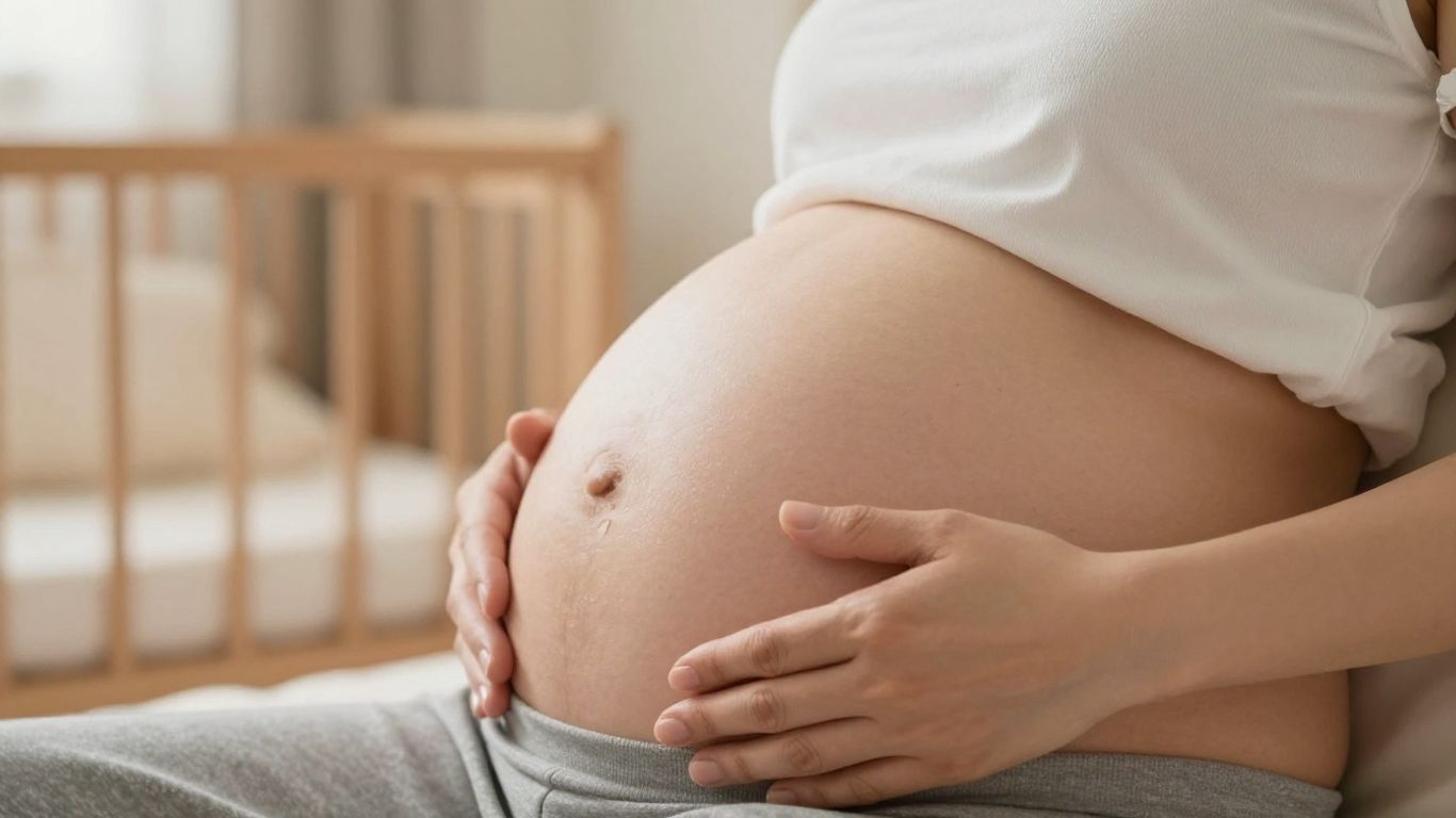 Pregnant woman touching her abdomen with stretch marks.