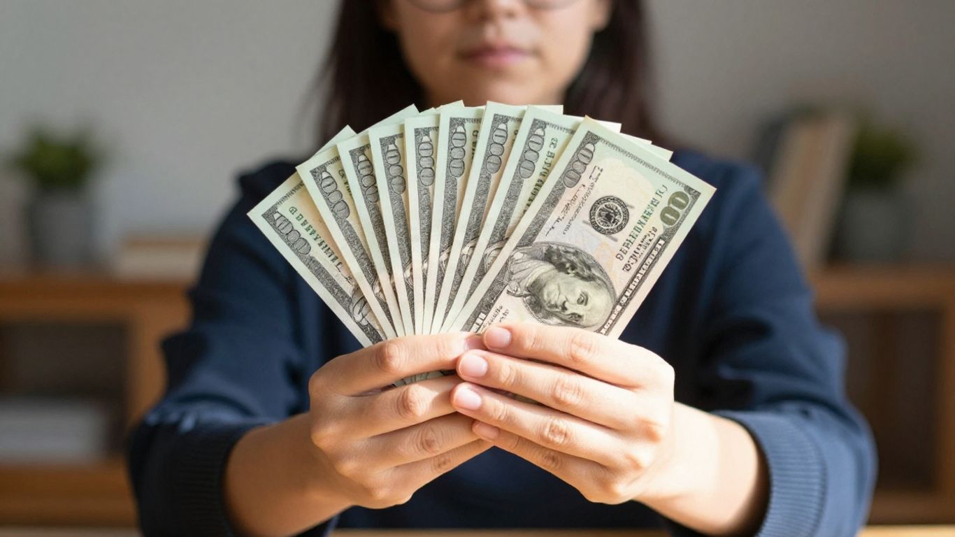 Person holding money, looking empowered.