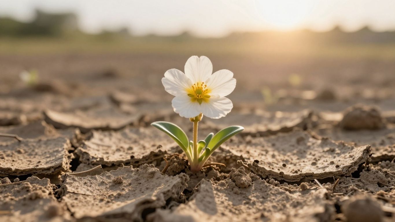 Blooming flower rising from dry earth towards sunlight.