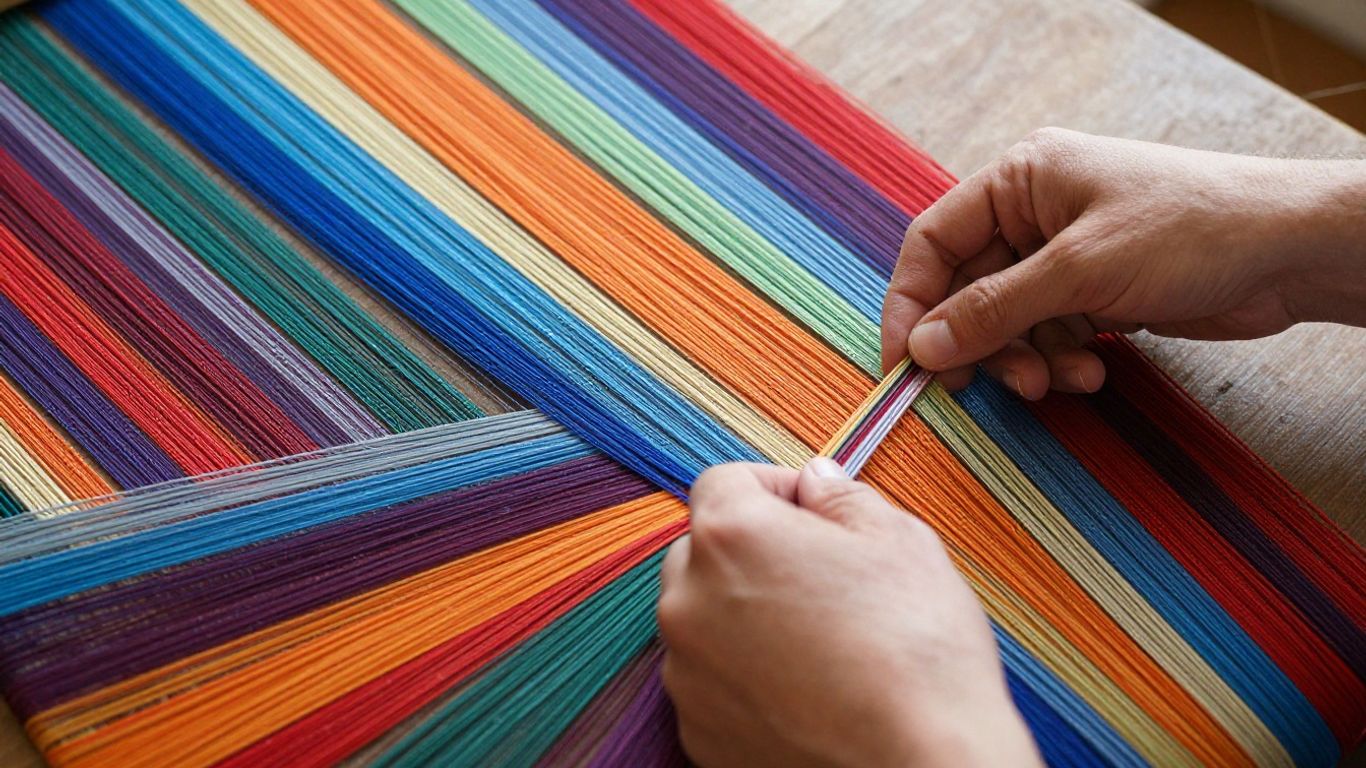 Hands weaving colorful threads into a unified tapestry.
