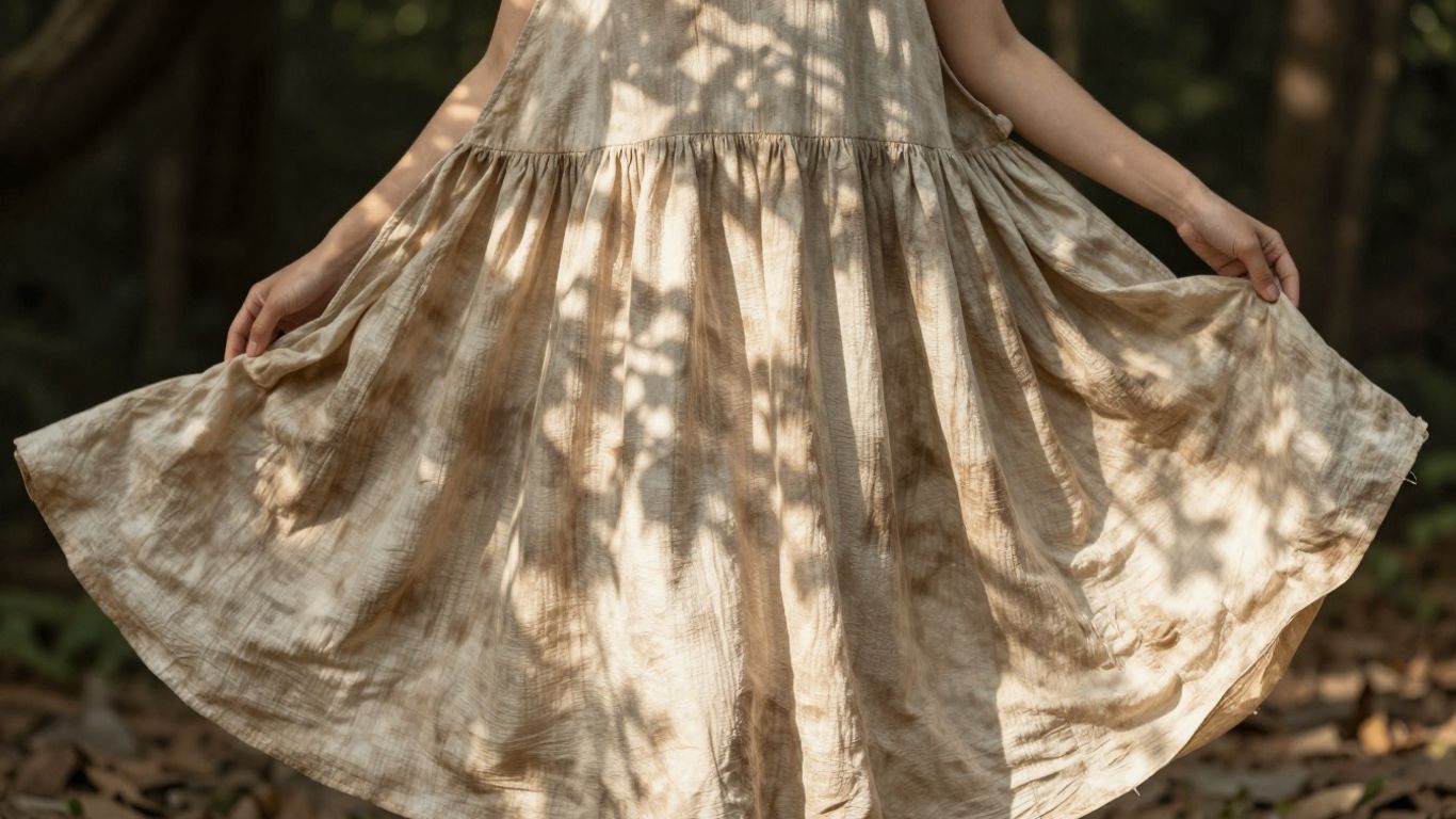 Woman in chic, plant-dyed dress outdoors.
