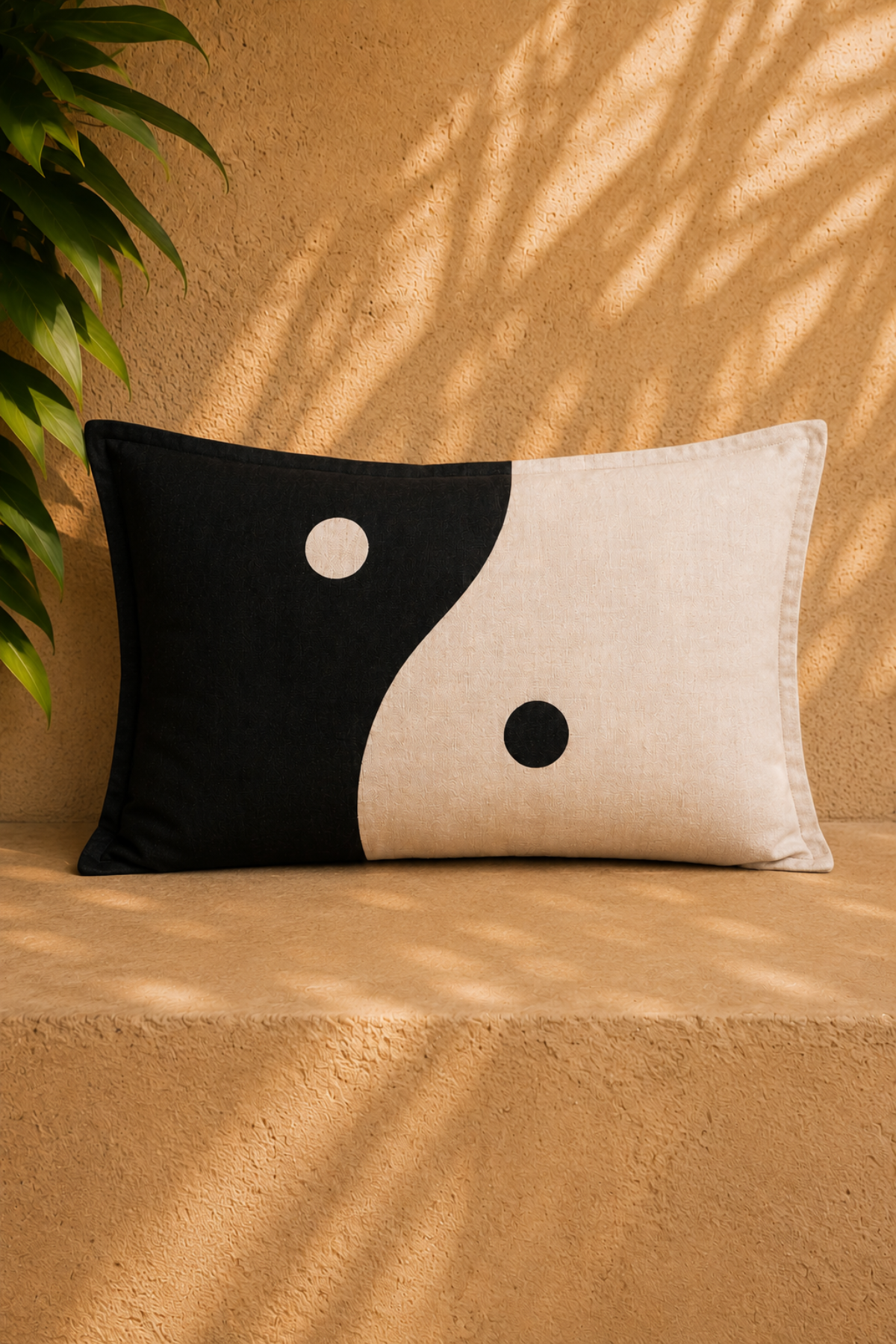 Yin Yang Linen Pillowcase by Myrah Penaloza, deep and pale tones in botanical-dyed stonewashed French linen, made in Bali