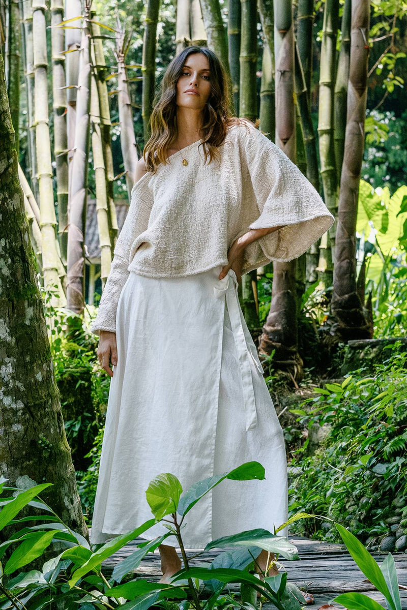 Spirit Top and Shanti Wrap Skirt Set by Myrah Penaloza — hand-woven Tumanggal cotton top with 100% linen wrap skirt. Six colorways, handcrafted in Bali.
