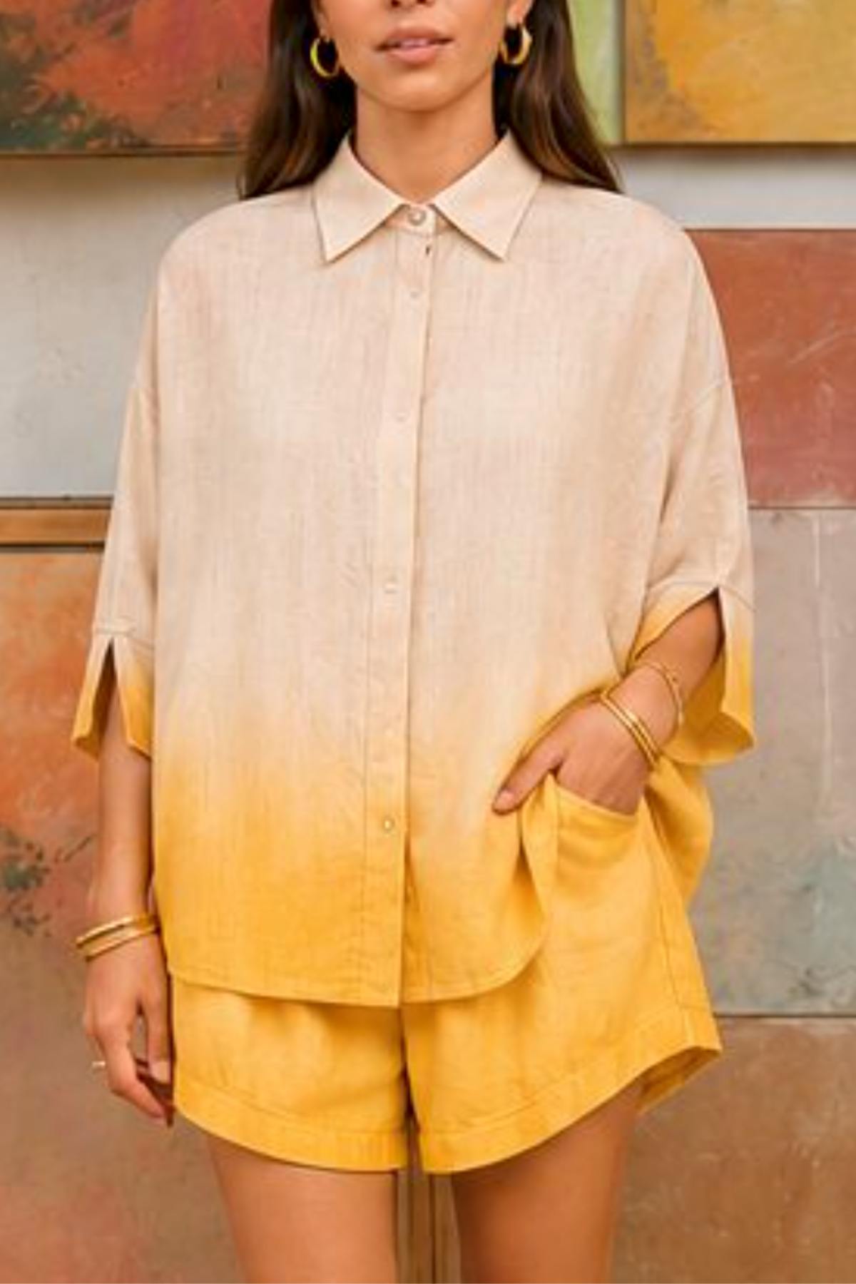 Solana Suka Set worn in Bali by Myrah Penaloza. Relaxed boxy linen gauze shirt with hand-dipped gradient, artisan-made resort wear.