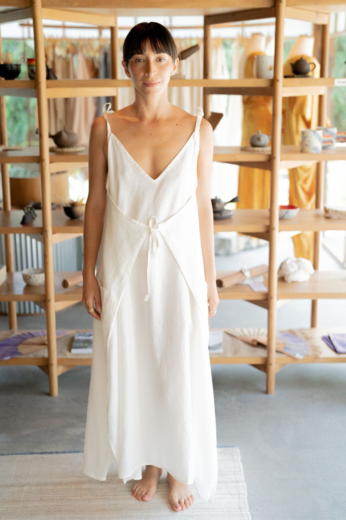 Radiant Gown (100% Linen, v neck, Off White)