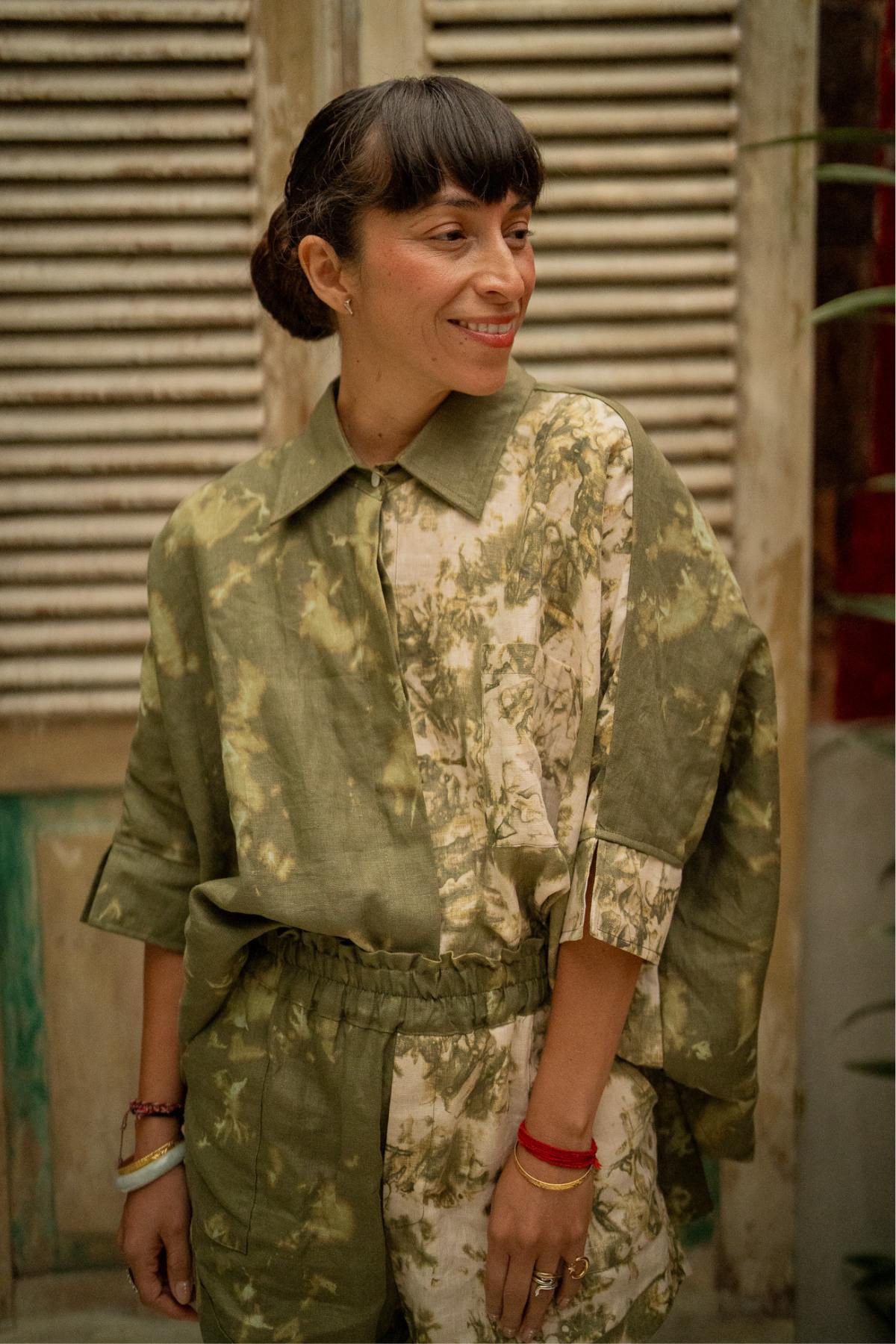 Suka Set in Tierra Cocoa — deep earth botanical linen, worn together or as separates