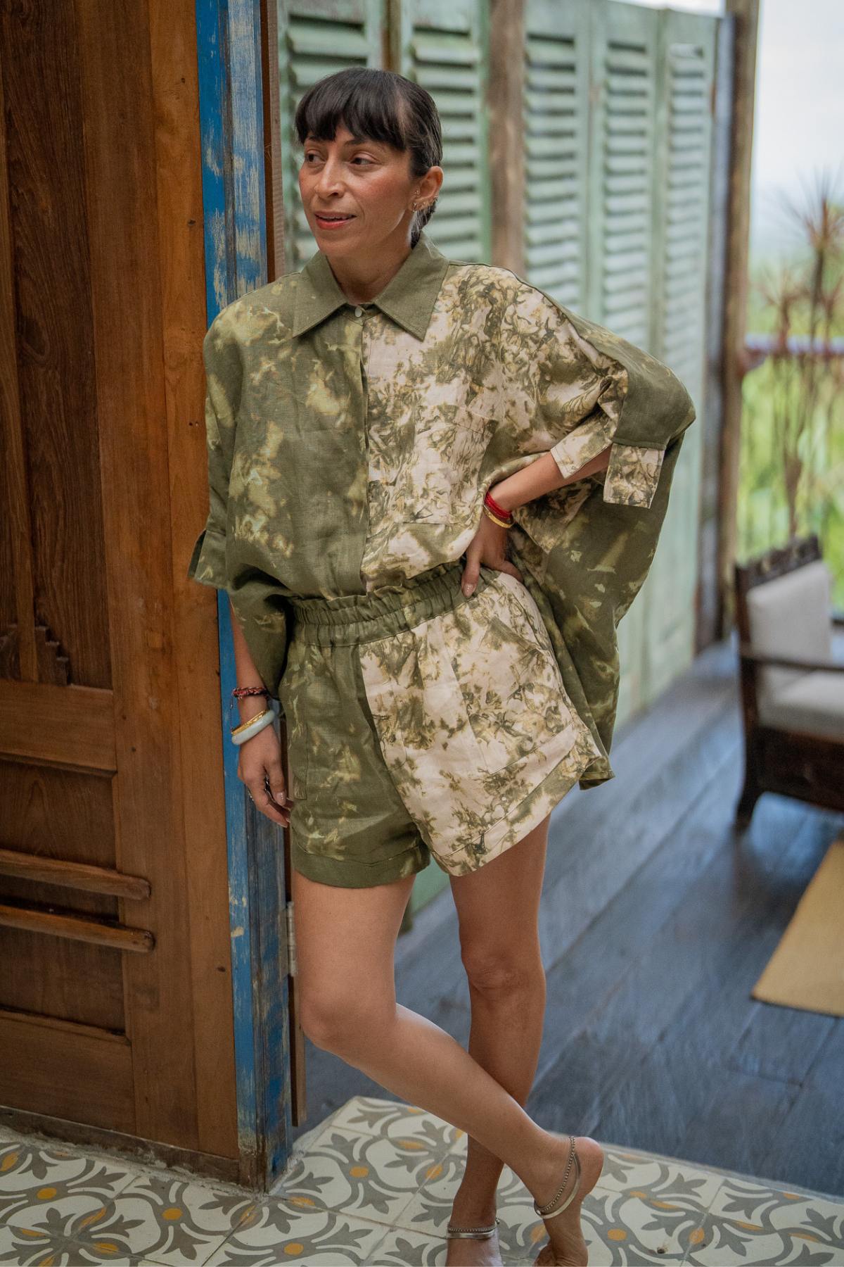 Suka Set in Tierra linen set — botanical Cocoa and Matcha colorways, made to order