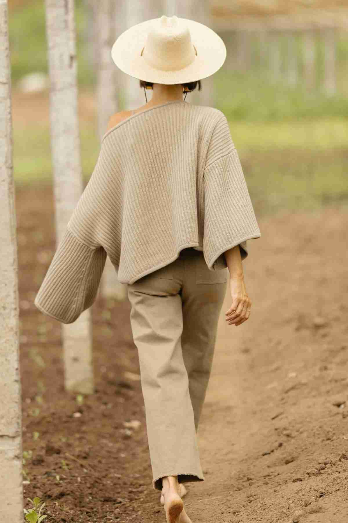 A person is strolling down a dirt path between two trees in an outdoor setting, donning a wide-brimmed hat and loose-fitting pants crafted from luxurious cotton fabric. Their attire includes an oversized Spirit Top Sweater Knit by Myrah Penaloza. The ground beneath their feet is freshly tilled soil, enhancing the rural atmosphere of the surroundings.