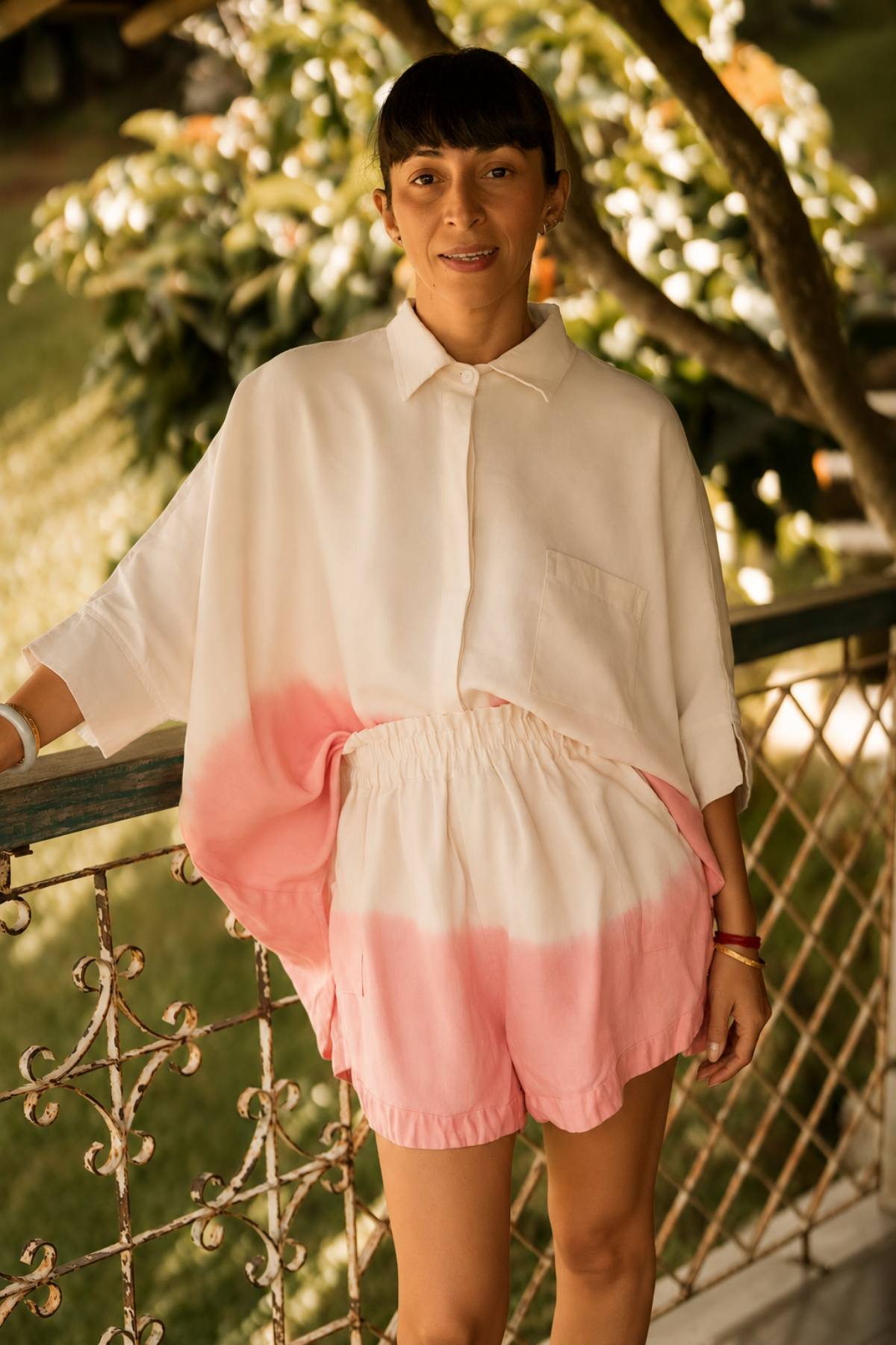 Solana Suka Set Soleil Yellow by Myrah Penaloza. Gradient linen gauze two-piece set, natural at shoulder fading to full color at hem.