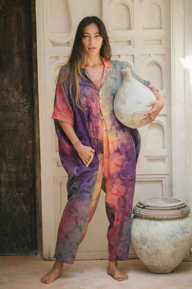 Botanically dyed linen Sat Torri Rainbeau playsuit, handmade in Bali