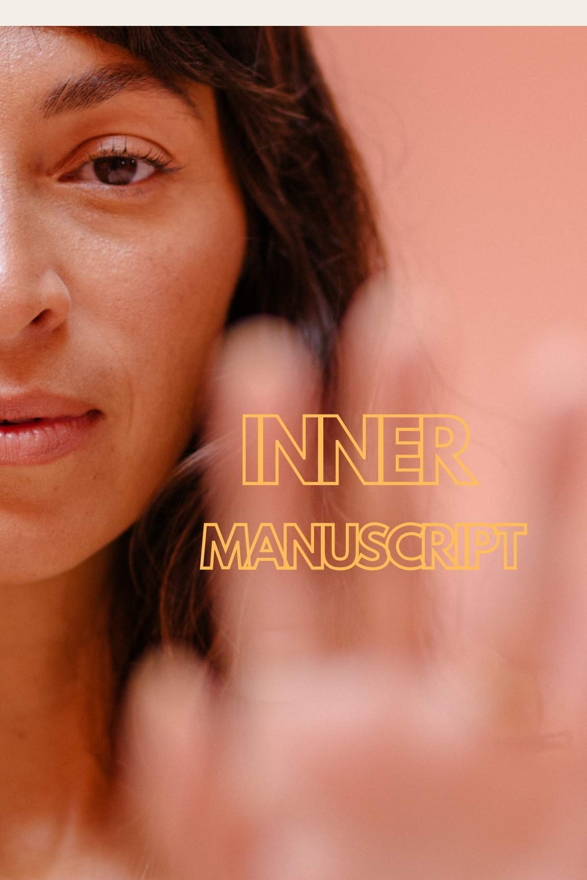 Close-up of a woman against a peach background, her hand slightly raised and out of focus in the foreground. The product name "Inner Manuscript" by Myrah Penaloza appears in vibrant yellow, evoking the mystique of Kundalini Yoga and Numerology woven into her presence.