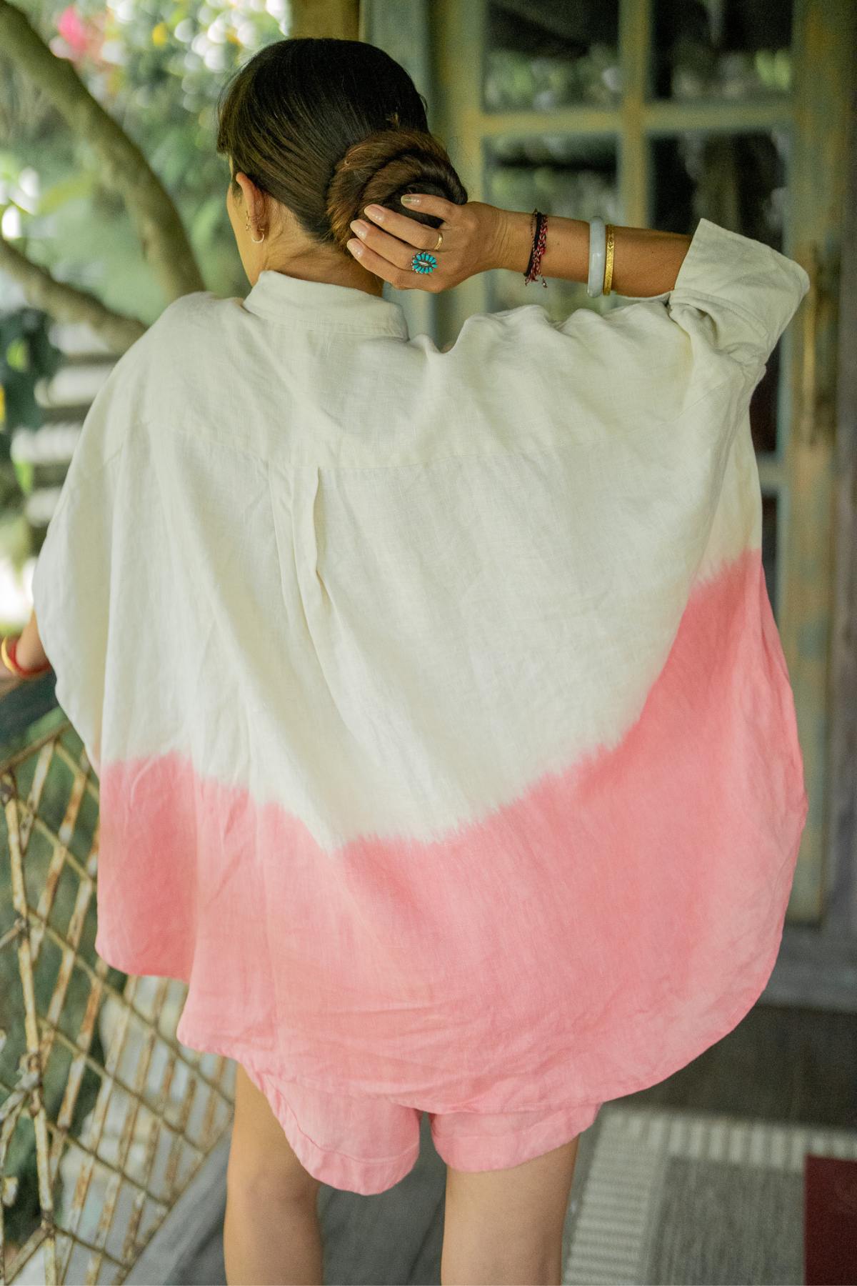 Solana Suka Set shirt detail by Myrah Penaloza. Hand-dipped linen gauze gradient, hidden placket button front and chest pocket.