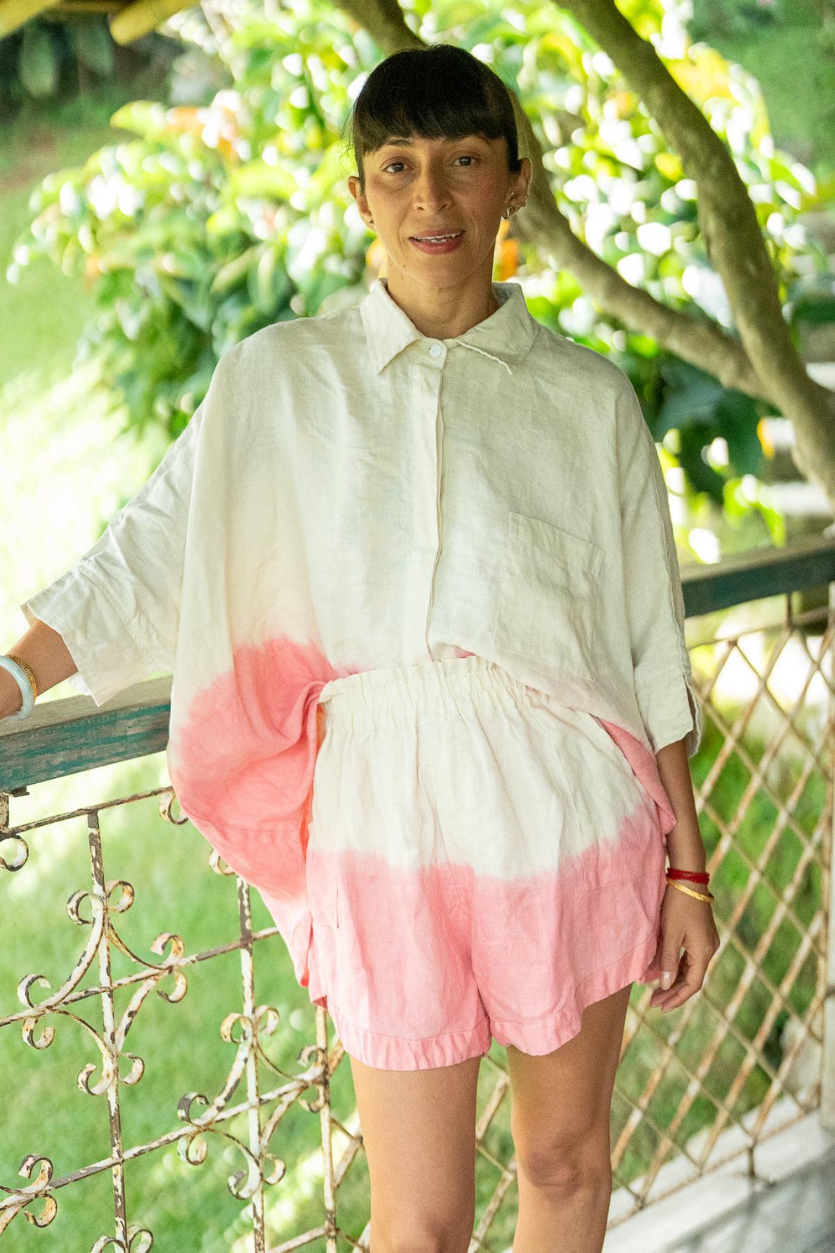 Solana Suka Set shorts detail by Myrah Penaloza. 100% linen gauze elastic-waist shorts with rolled hem, handmade in Bali.