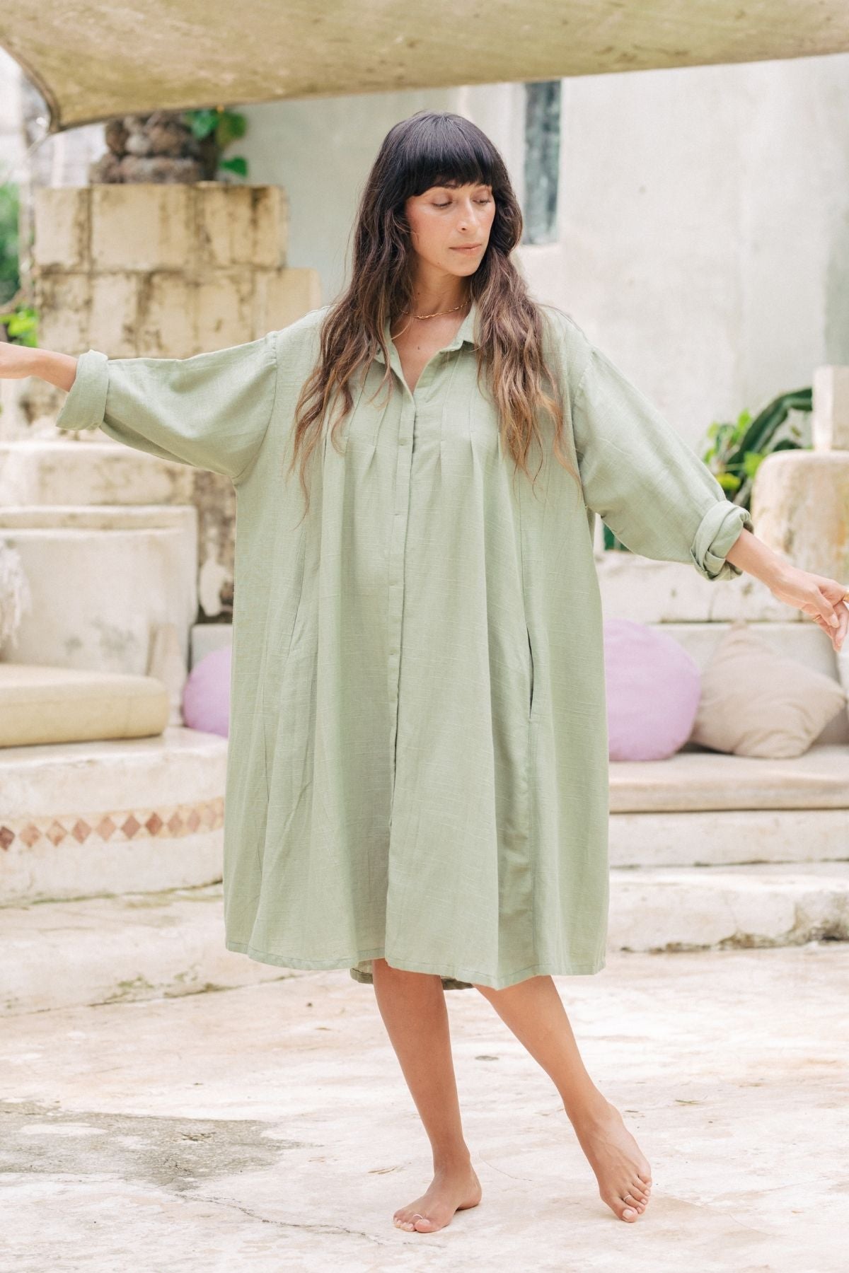 Kundalini Gown Short (Linen / Rayon) Sage Green (W)