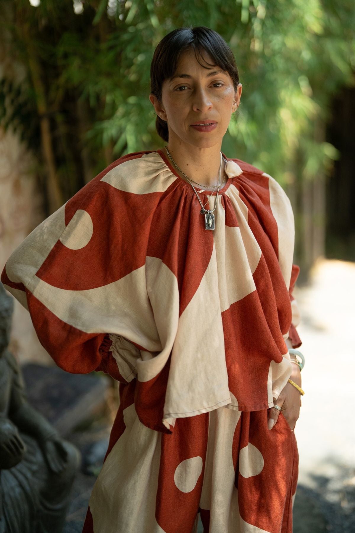 The Two Moons Anusara Set in Harvest Moon red and Moon Milk linen, handmade in Bali