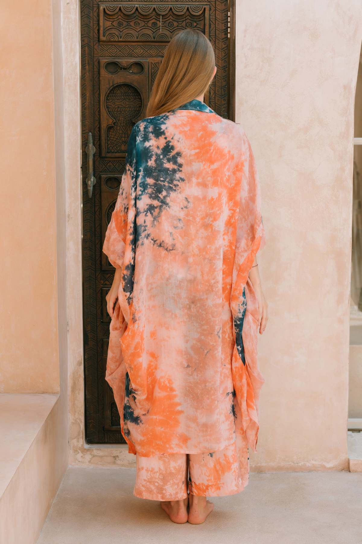Ramie Origami Gown Set movement shot by Myrah Penaloza. Flowing botanical dye ramie gown with linen playsuit, slow fashion Bali.