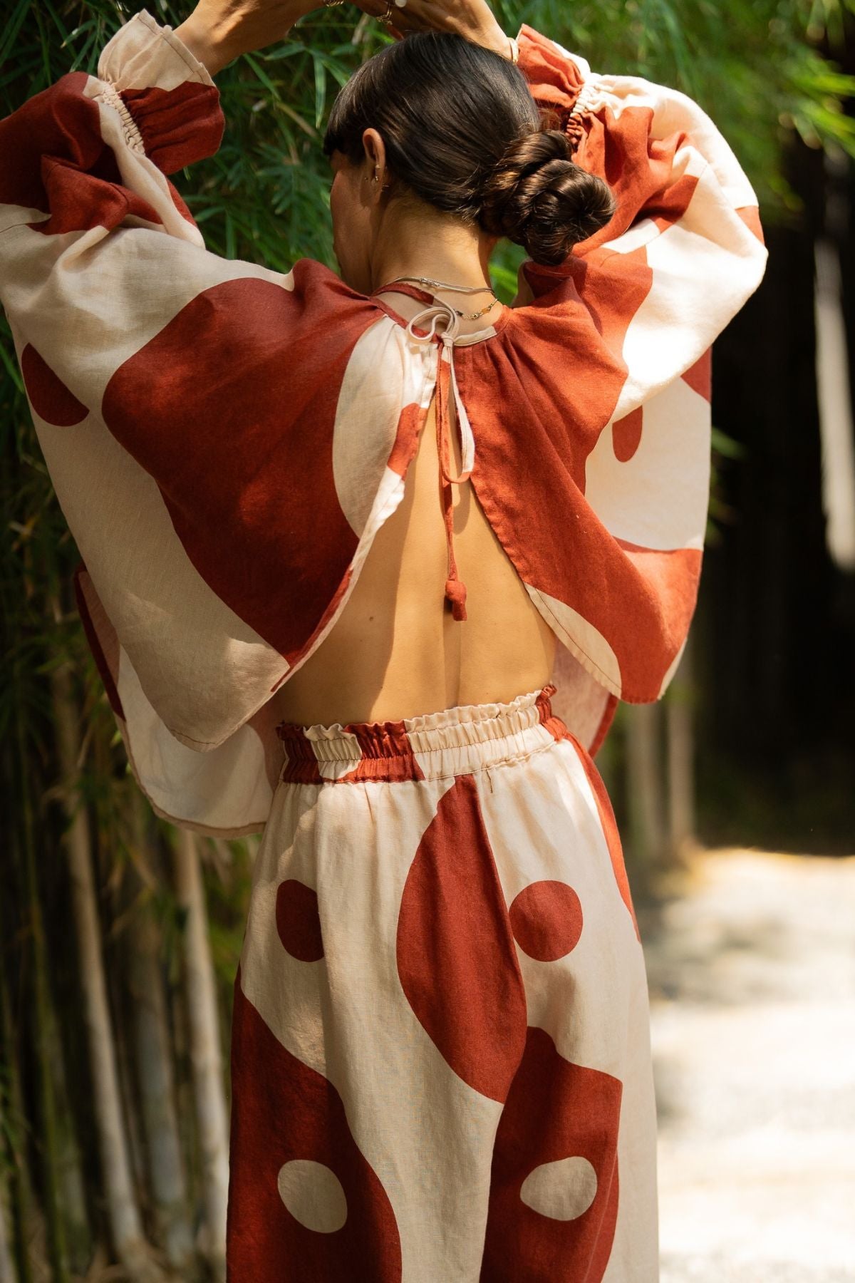 Two Moons Anusara Set, ruffle sleeve top and wide Mona pant in pieced linen