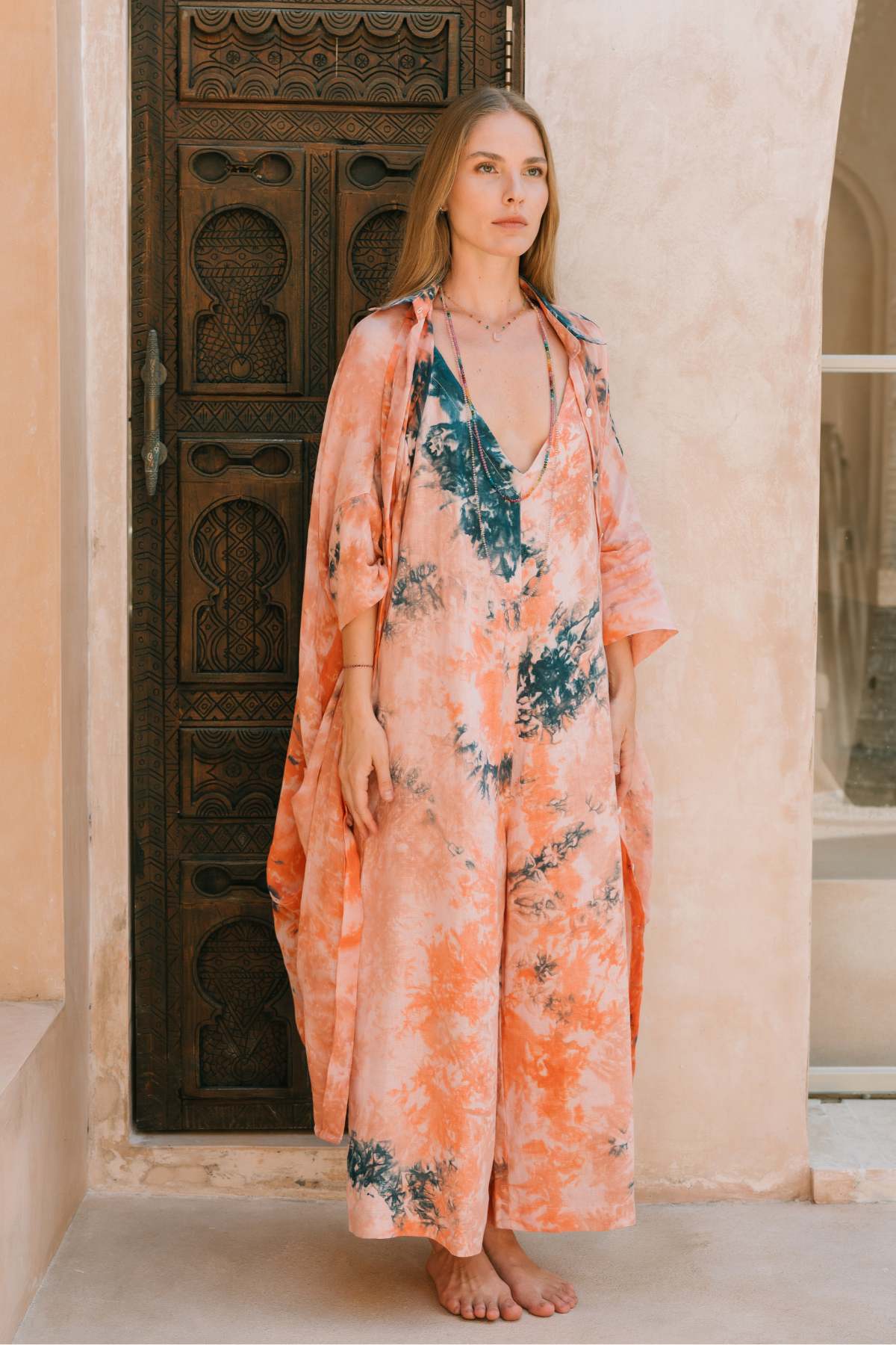 Ramie Origami Gown Kundalini Set Golden Sunset by Myrah Penaloza. Botanical dye ramie gown and linen playsuit, slow fashion Bali.