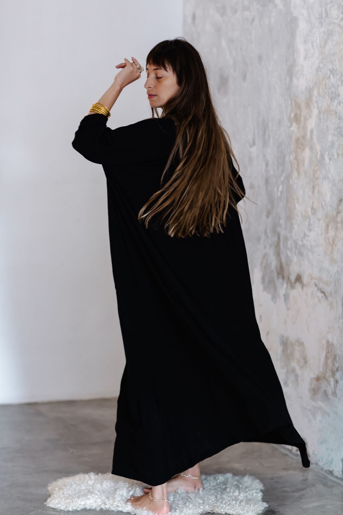 Detail of the sleeve of the Kundalini Gown by Myrah Penaloza, handcrafted in Bali by artisan families.