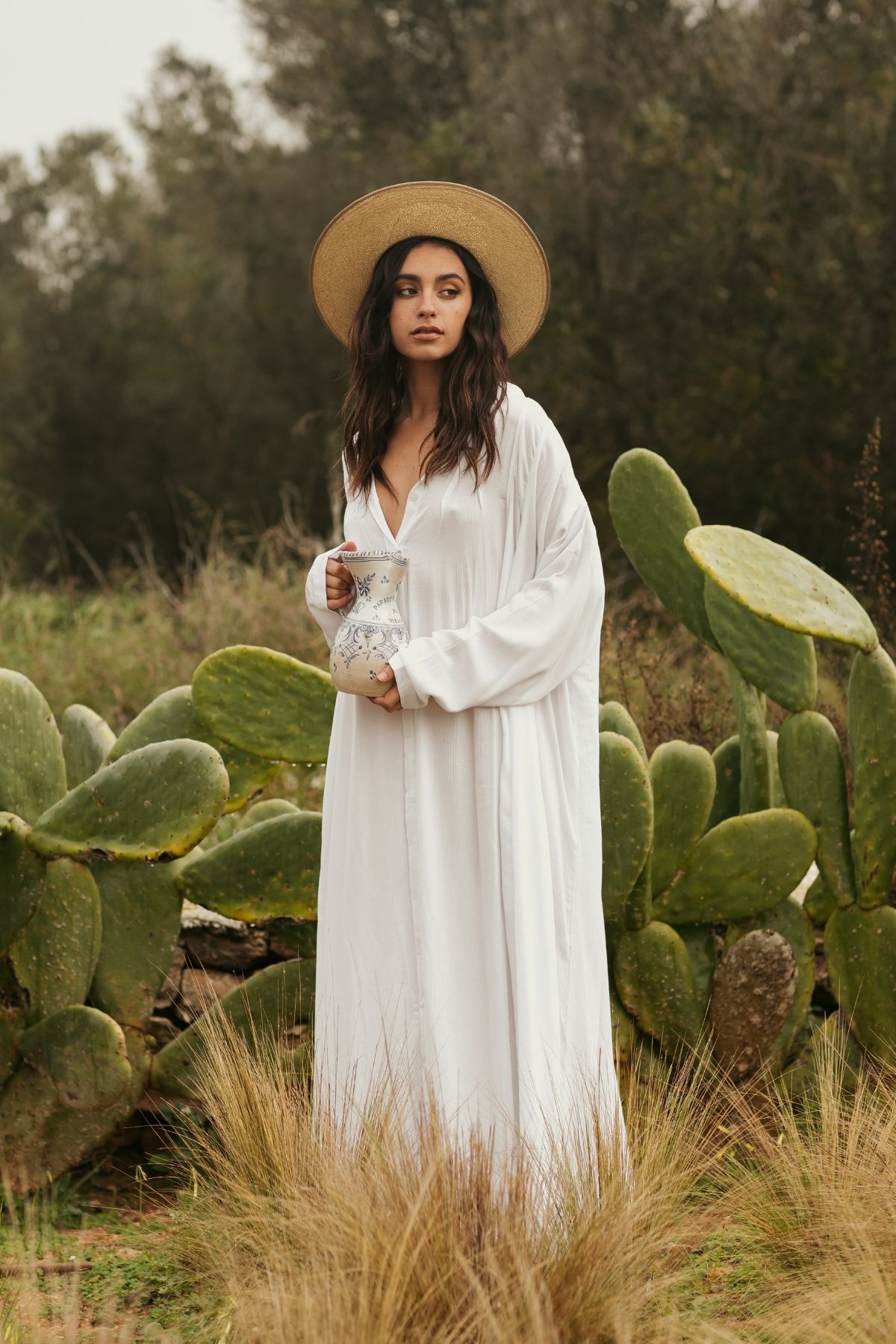 Detail of the Kundalini Gown fabric by Myrah Penaloza — soft 100% bamboo rayon with natural drape, button-down front. Sustainable conscious fashion handcrafted in Bali in small batches.