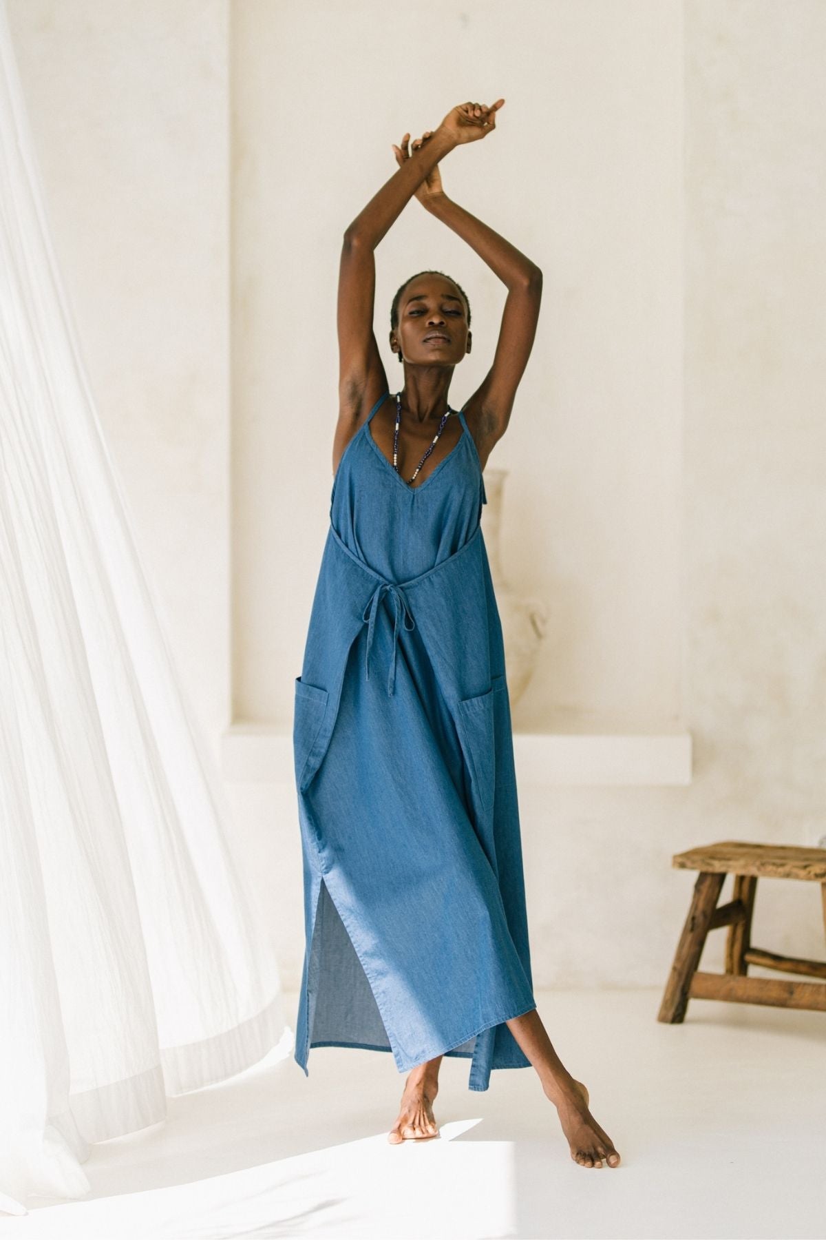 Radiant Gown (100% Linen V-Neck, Denim Blue) (BI)