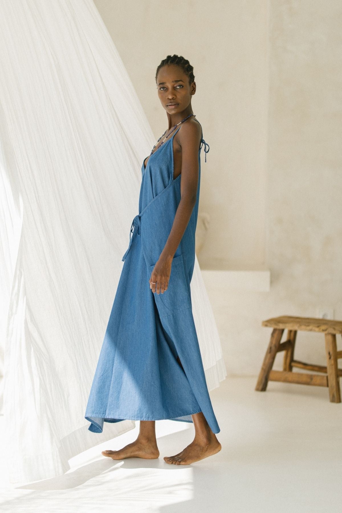 Radiant Gown (100% Linen V-Neck, Denim Blue) (BI)