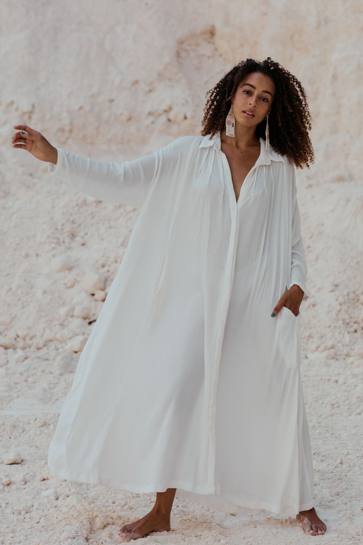 Detail of the neckline of the Kundalini Gown by Myrah Penaloza, handcrafted in Bali by artisan families.