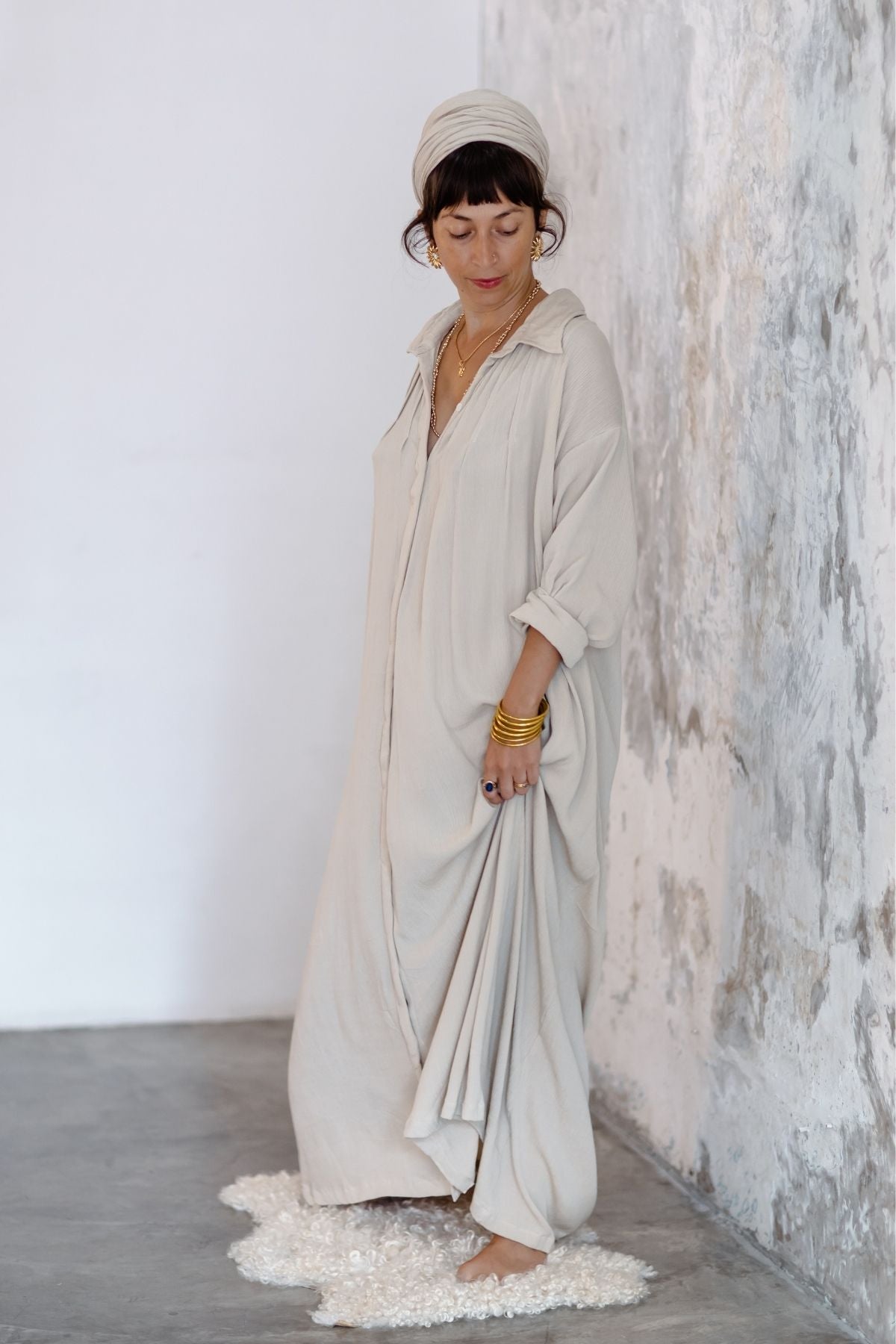 Layered styling of the Kundalini Gown by Myrah Penaloza, handcrafted in Bali by artisan families.