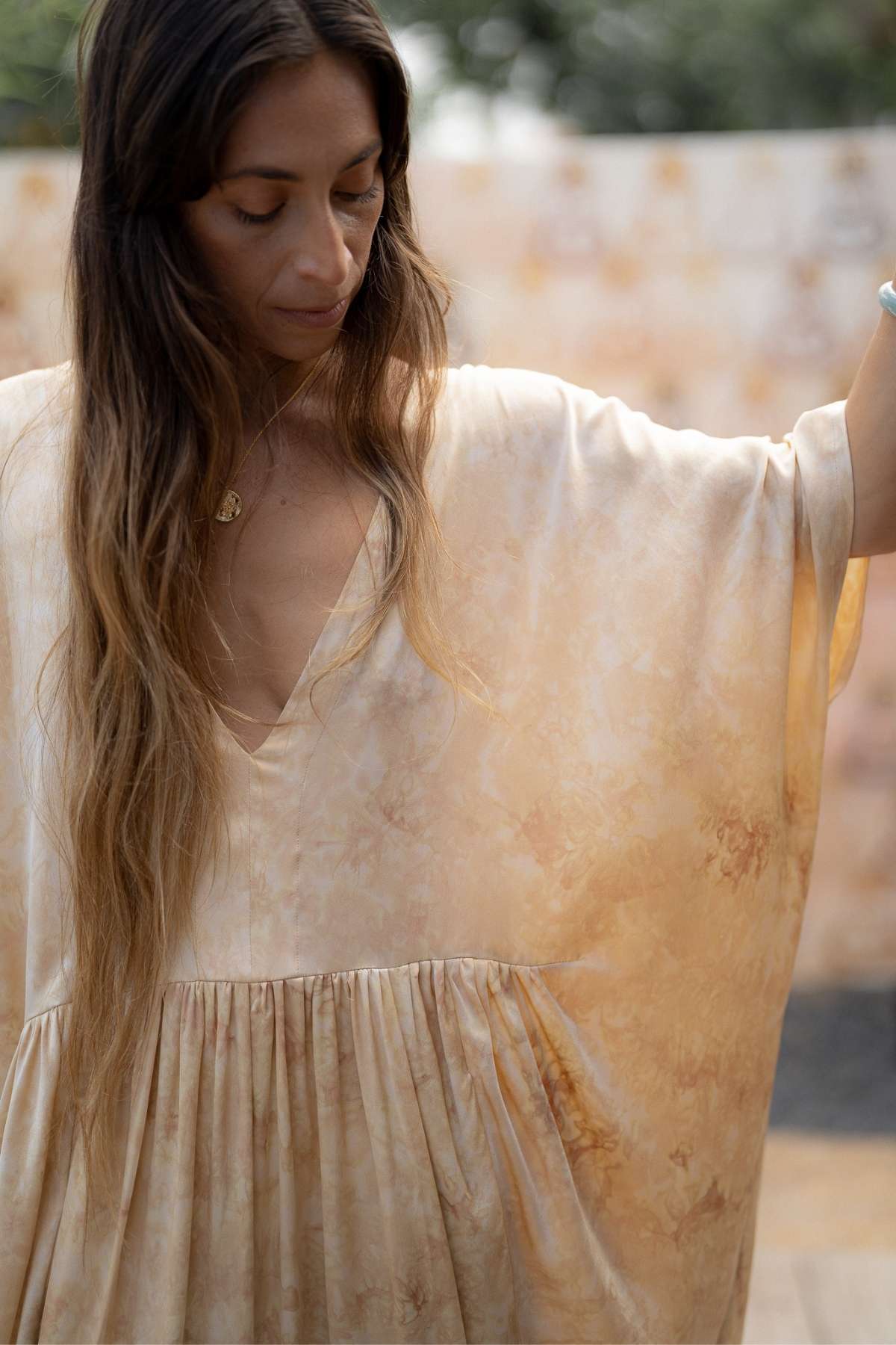 Venus Rose Gown detail, pure silk fabric hand-dyed with roses and native Balinese flowers