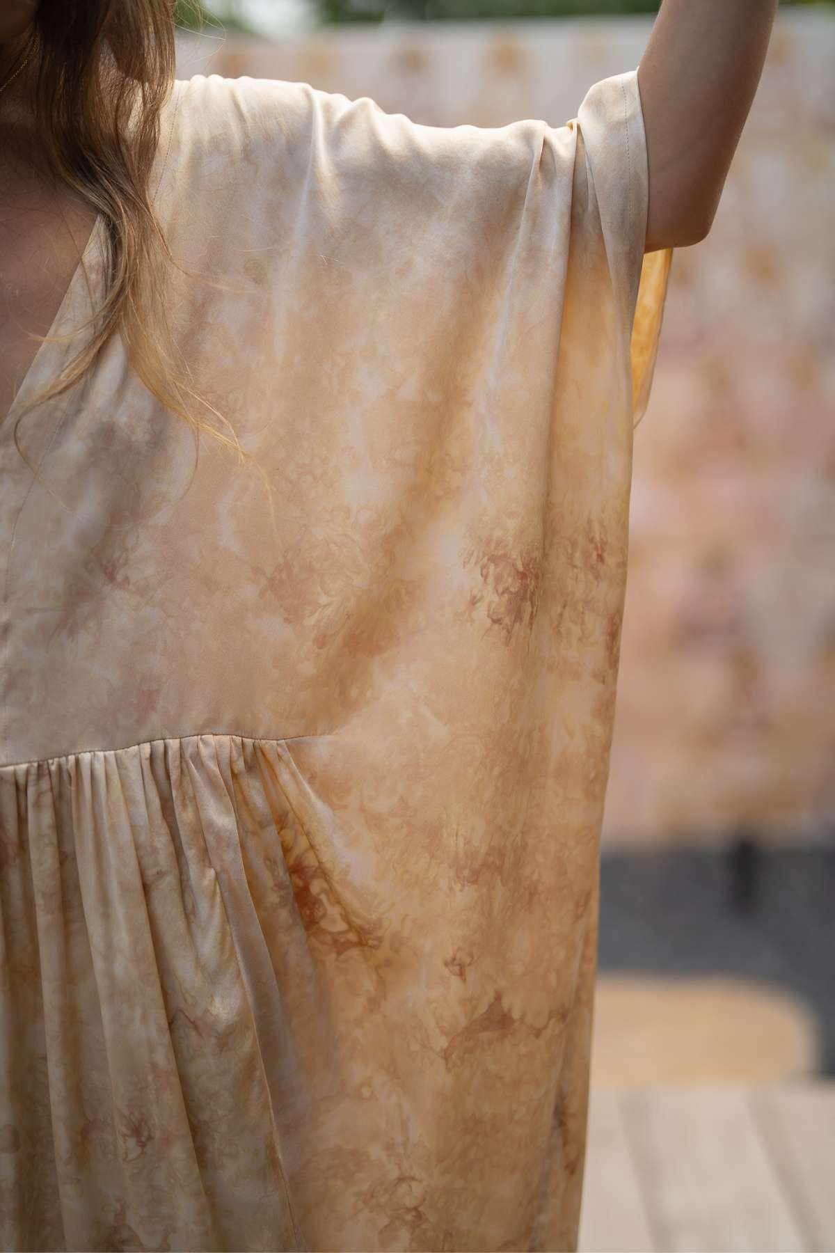 Myrah Penaloza Venus Rose silk gown flowing silhouette, ceremonial handmade dress from Bali