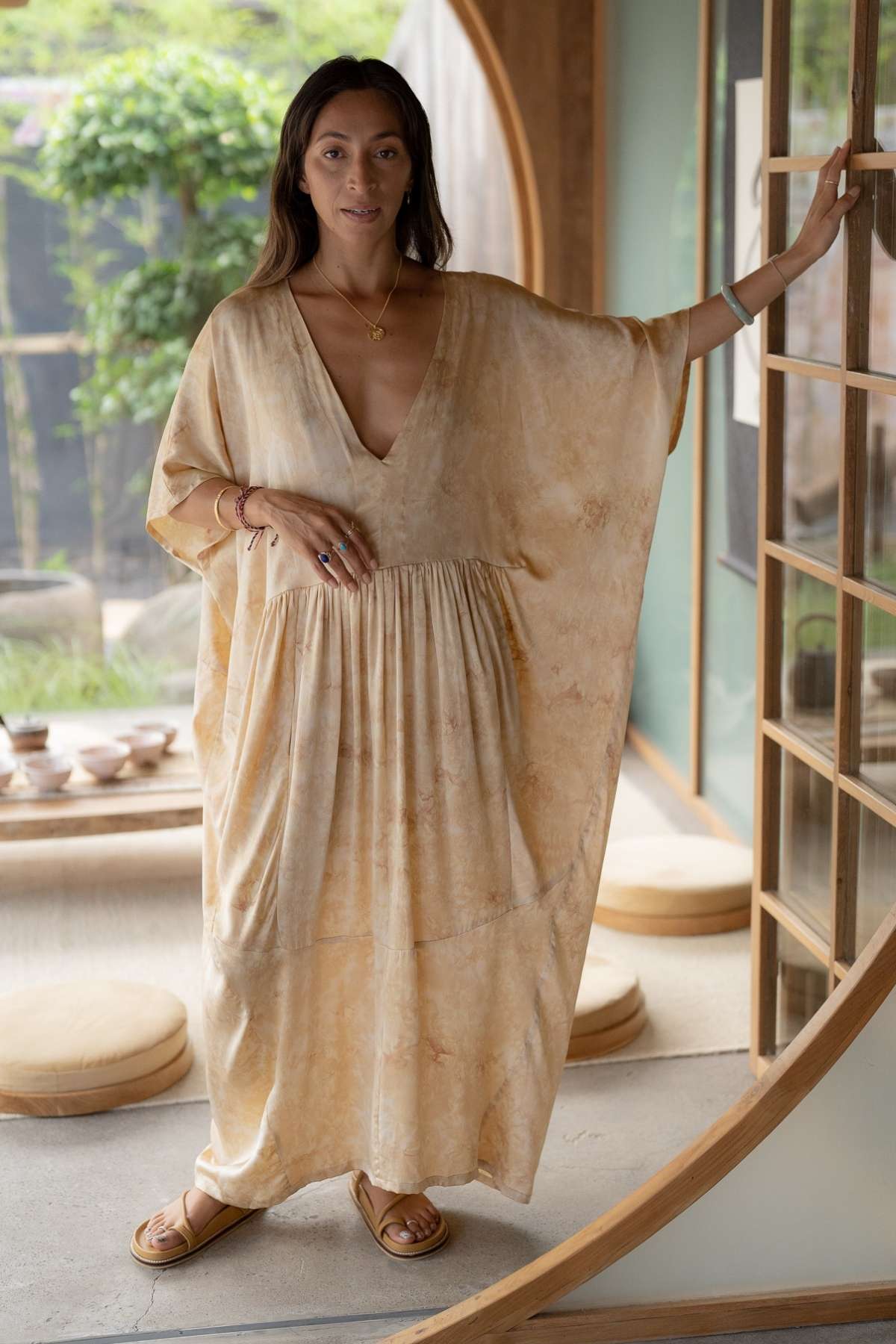 Venus Rose Gown side view showing drape and movement of pure botanical silk, Myrah Penaloza