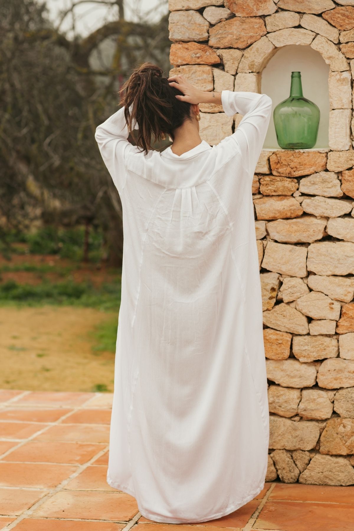 Close view of the Kundalini Gown by Myrah Penaloza, handcrafted in Bali by artisan families.